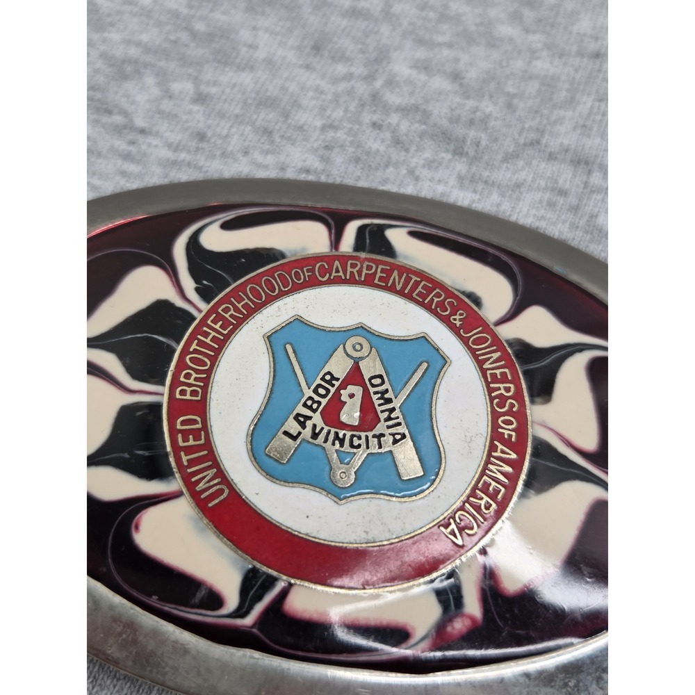 Antique Carpenters Joiners Union UBC Enamel Steel Belt Buckle - Picture 2 of 7
